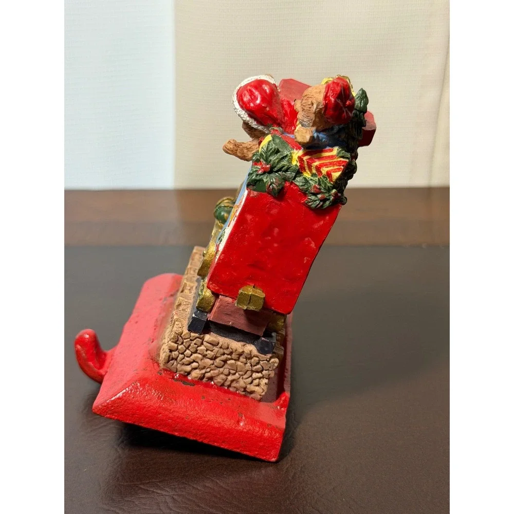 Vintage Christmas Train Teddy Bear Stocking Holder Cast Iron Red Blue Holiday